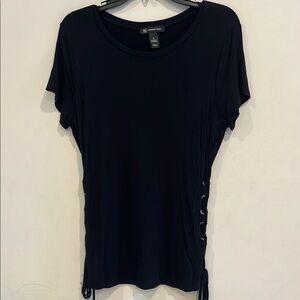 INC International Concepts Black Ruched Short Sleeve T-Shirt